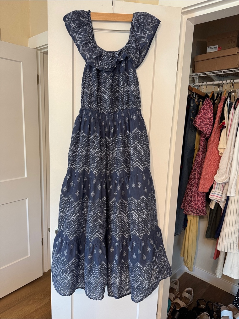 Women's Navy Printed Ruffle Maxi Dress 100% Cotton Made in India Boho Chic